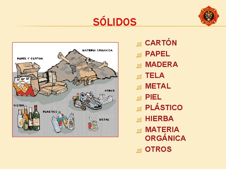 SÓLIDOS CARTÓN PAPEL MADERA TELA METAL PIEL PLÁSTICO HIERBA MATERIA ORGÁNICA OTROS 