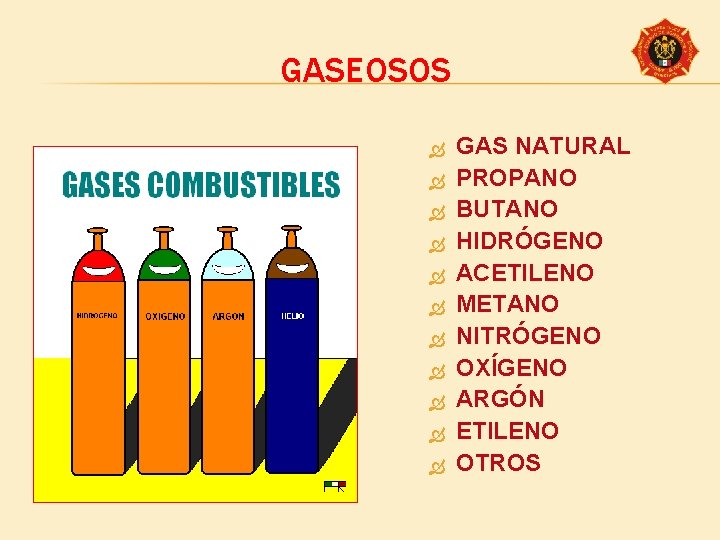 GASEOSOS GAS NATURAL PROPANO BUTANO HIDRÓGENO ACETILENO METANO NITRÓGENO OXÍGENO ARGÓN ETILENO OTROS 