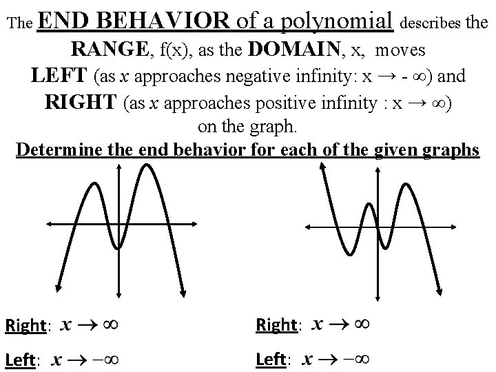 The END BEHAVIOR of a polynomial describes the RANGE, f(x), as the DOMAIN, x,