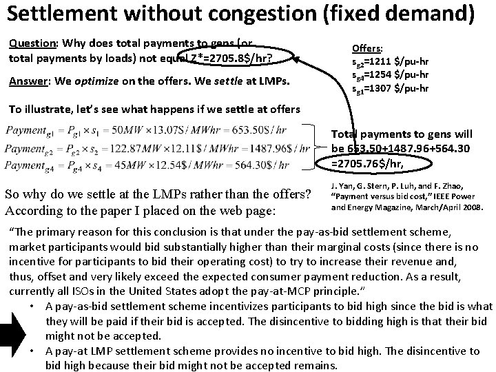 Settlement without congestion (fixed demand) Question: Why does total payments to gens (or total