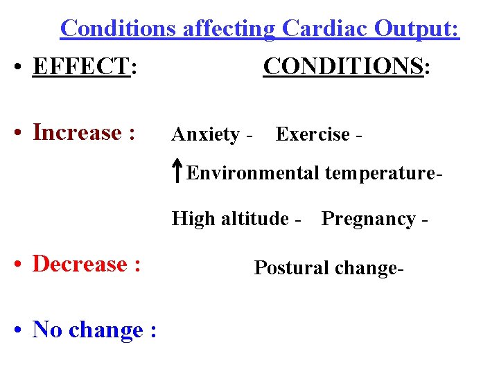 Conditions affecting Cardiac Output: • EFFECT: • Increase : CONDITIONS: Anxiety - Exercise -