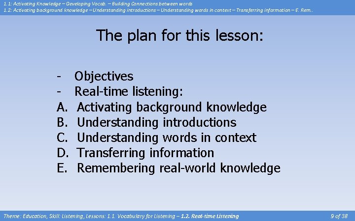1. 1: Activating Knowledge – Developing Vocab. – Building Connections between words 1. 2: