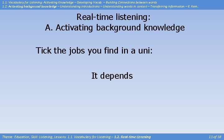 1. 1: Vocabulary for Listening: Activating Knowledge – Developing Vocab. – Building Connections between