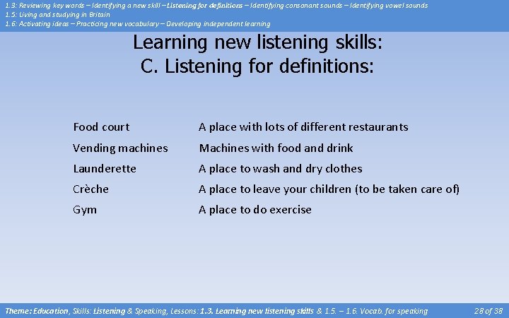 1. 3: Reviewing key words – Identifying a new skill – Listening for definitions