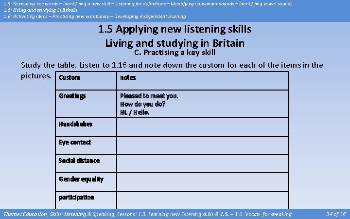 1. 3: Reviewing key words – Identifying a new skill – Listening for definitions