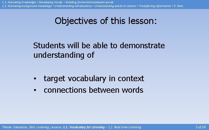 1. 1: Activating Knowledge – Developing Vocab. – Building Connections between words 1. 2: