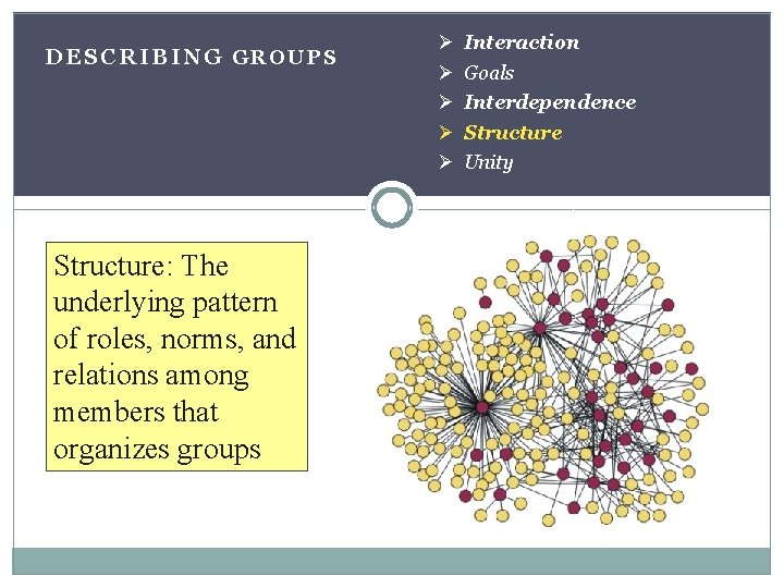 DESCRIBING GROUPS Structure: The underlying pattern of roles, norms, and relations among members that
