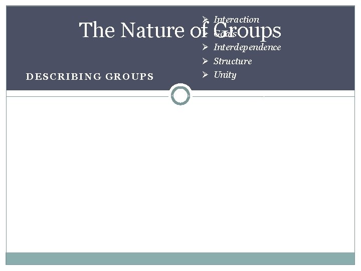 Ø Ø Ø Interaction Goals The Nature of Groups DESCRIBING GROUPS Interdependence Structure Unity