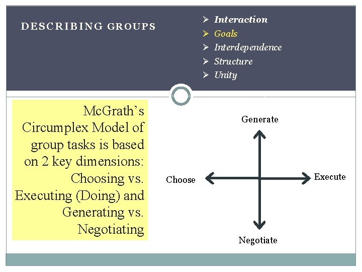 Ø Ø Ø DESCRIBING GROUPS Mc. Grath’s Circumplex Model of group tasks is based