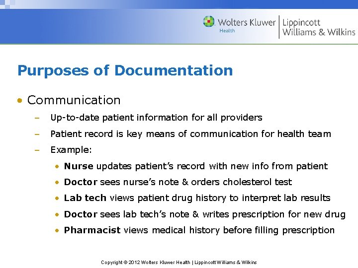 Purposes of Documentation • Communication – Up-to-date patient information for all providers – Patient