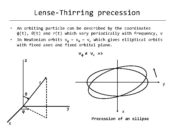 Lense-Thirring precession • • An orbiting particle can be described by the coordinates φ(t),