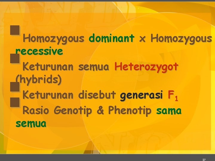 § § §§ Homozygous dominant x Homozygous recessive Keturunan semua Heterozygot (hybrids) Keturunan disebut