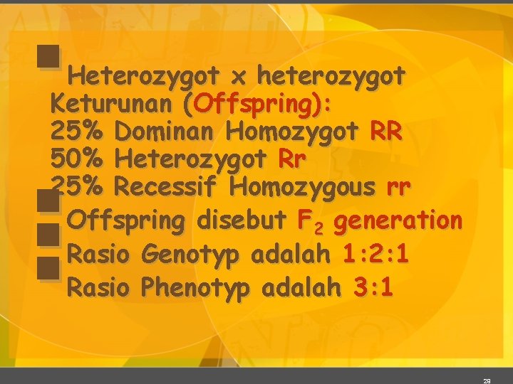 § Heterozygot x heterozygot Keturunan (Offspring): 25% Dominan Homozygot RR 50% Heterozygot Rr 25%