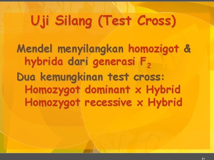 Uji Silang (Test Cross) Mendel menyilangkan homozigot & hybrida dari generasi F 2 Dua