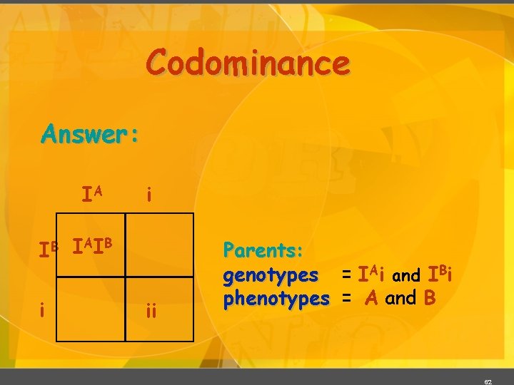 Codominance Answer: IA IB i i I AI B ii Parents: genotypes = IAi