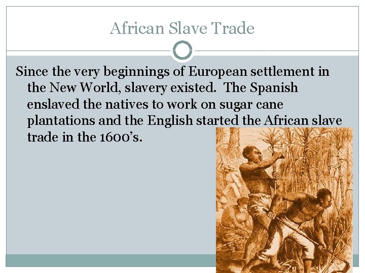 African Slave Trade Since the very beginnings of European settlement in the New World,