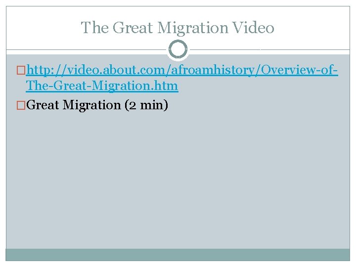 The Great Migration Video �http: //video. about. com/afroamhistory/Overview-of- The-Great-Migration. htm �Great Migration (2 min)
