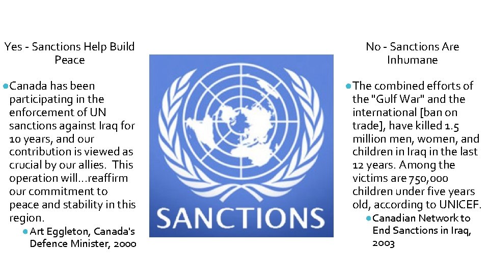 Yes - Sanctions Help Build Peace No - Sanctions Are Inhumane ●Canada has been