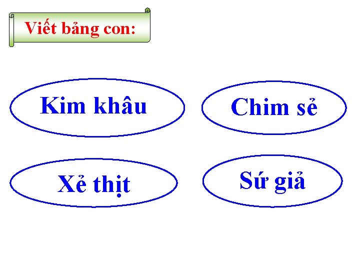 Viết bảng con: Kim khâu Chim sẻ Xẻ thịt Sứ giả Viết bảng con: Kim khâu Chim sẻ Xẻ thịt Sứ giả