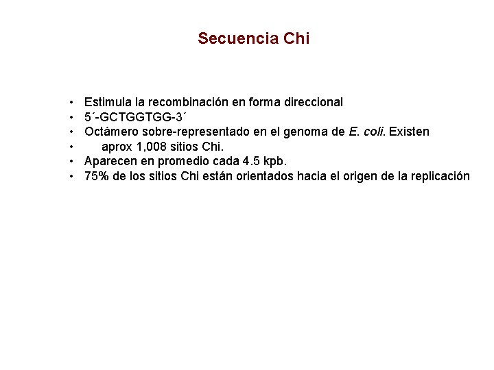 Secuencia Chi • • • Estimula la recombinación en forma direccional 5´-GCTGGTGG-3´ Octámero sobre-representado