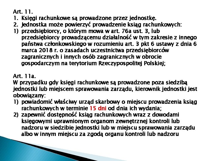 Art. 11. 1. Księgi rachunkowe są prowadzone przez jednostkę. 2. Jednostka może powierzyć prowadzenie Art. 11. 1. Księgi rachunkowe są prowadzone przez jednostkę. 2. Jednostka może powierzyć prowadzenie