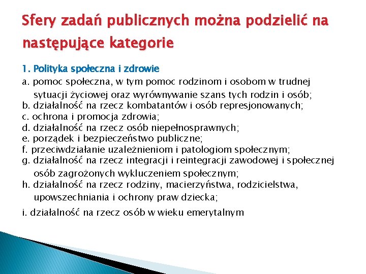 Sfery zadań publicznych można podzielić na następujące kategorie 1. Polityka społeczna i zdrowie a. Sfery zadań publicznych można podzielić na następujące kategorie 1. Polityka społeczna i zdrowie a.