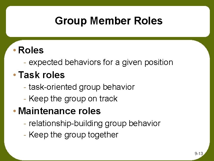 Group Member Roles • Roles - expected behaviors for a given position • Task