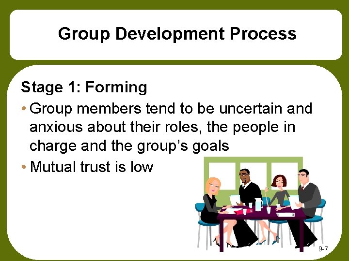 Group Development Process Stage 1: Forming • Group members tend to be uncertain and