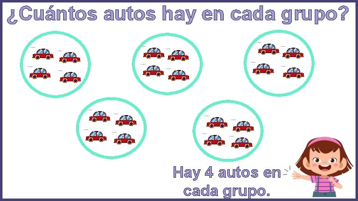 ¿Cuántos autos hay en cada grupo? Hay 4 autos en cada grupo. 