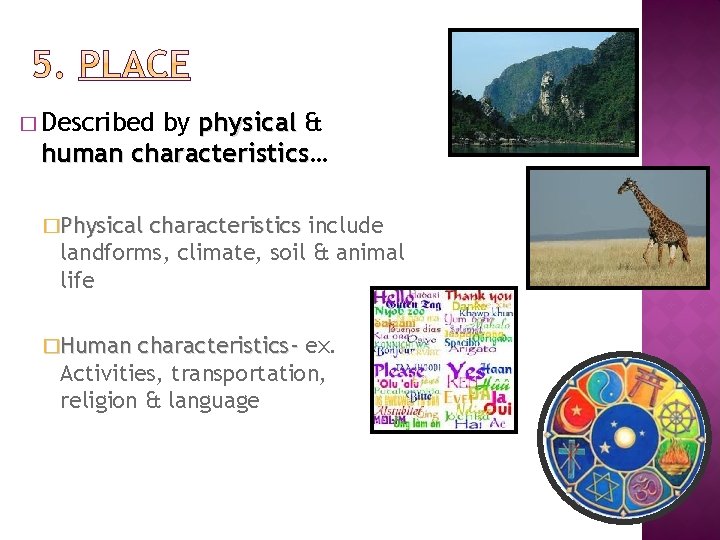 � Described by physical & human characteristics… characteristics �Physical characteristics include landforms, climate, soil