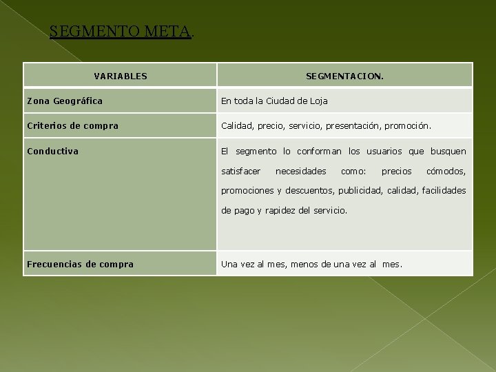 SEGMENTO META. VARIABLES SEGMENTACION. Zona Geográfica En toda la Ciudad de Loja Criterios de