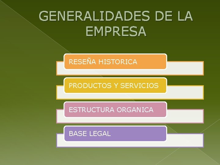 GENERALIDADES DE LA EMPRESA RESEÑA HISTORICA PRODUCTOS Y SERVICIOS ESTRUCTURA ORGANICA BASE LEGAL 