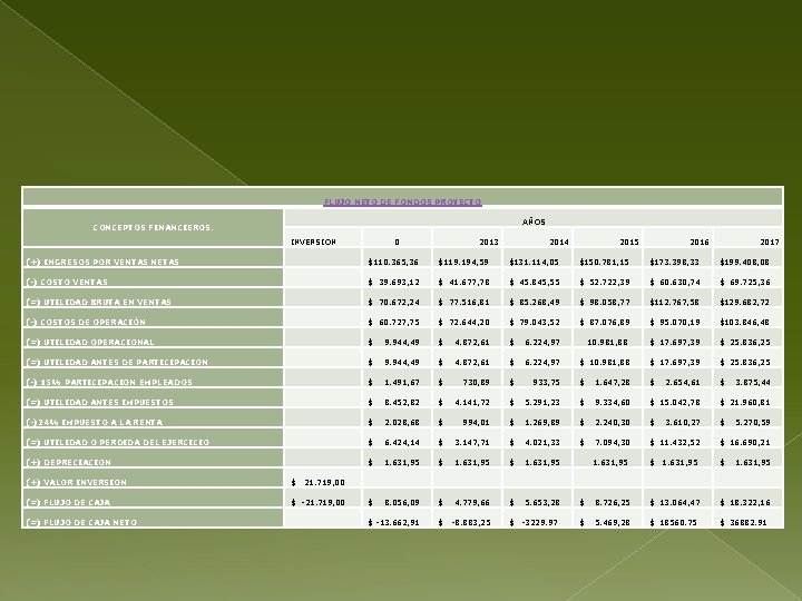 FLUJO NETO DE FONDOS PROYECTO AÑOS CONCEPTOS FINANCIEROS. INVERSION 0 2013 2014 2015 2016