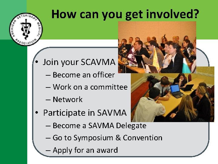How can you get involved? • Join your SCAVMA – Become an officer –