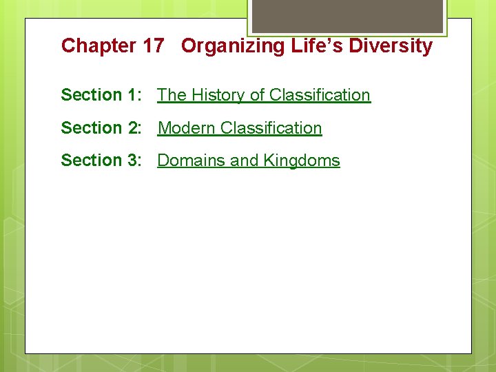 Chapter 17 Organizing Life’s Diversity Section 1: The History of Classification Section 2: Modern