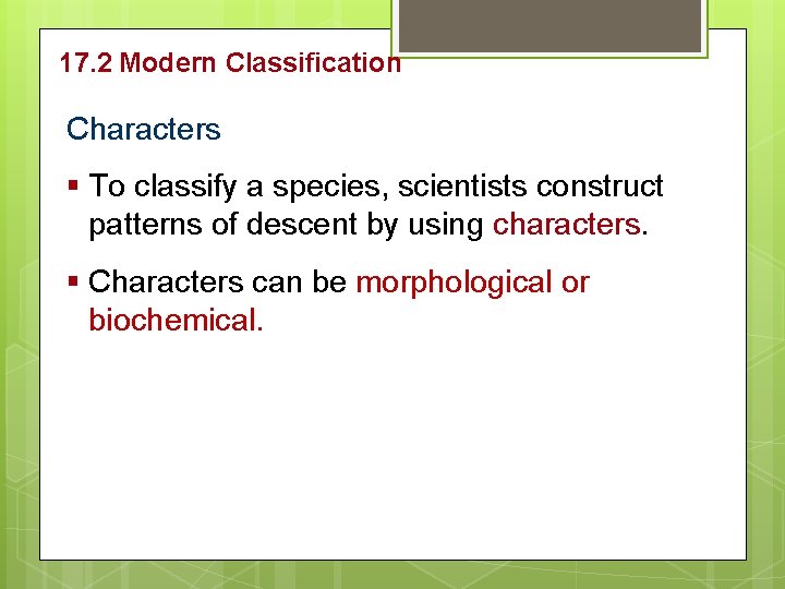 17. 2 Modern Classification Characters § To classify a species, scientists construct patterns of