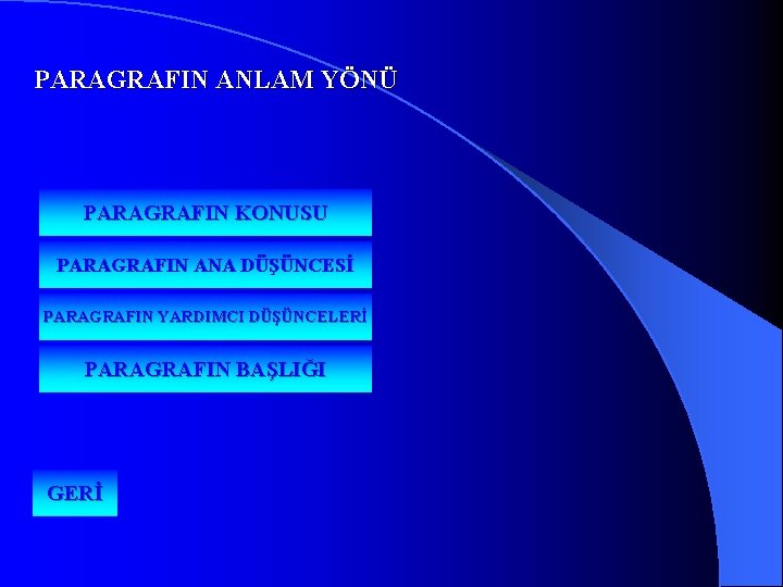 PARAGRAFIN ANLAM YÖNÜ PARAGRAFIN KONUSU PARAGRAFIN ANA DÜŞÜNCESİ PARAGRAFIN YARDIMCI DÜŞÜNCELERİ PARAGRAFIN BAŞLIĞI GERİ