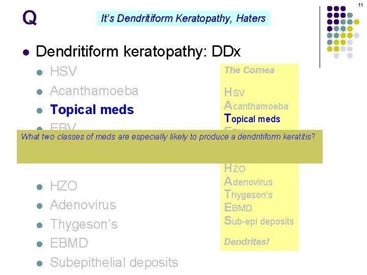 Q l 11 It’s Dendritiform Keratopathy, Haters Dendritiform keratopathy: DDx The Cornea HSV l