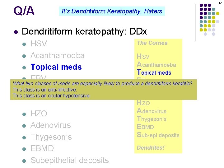 Q/A l 12 It’s Dendritiform Keratopathy, Haters Dendritiform keratopathy: DDx The Cornea HSV l