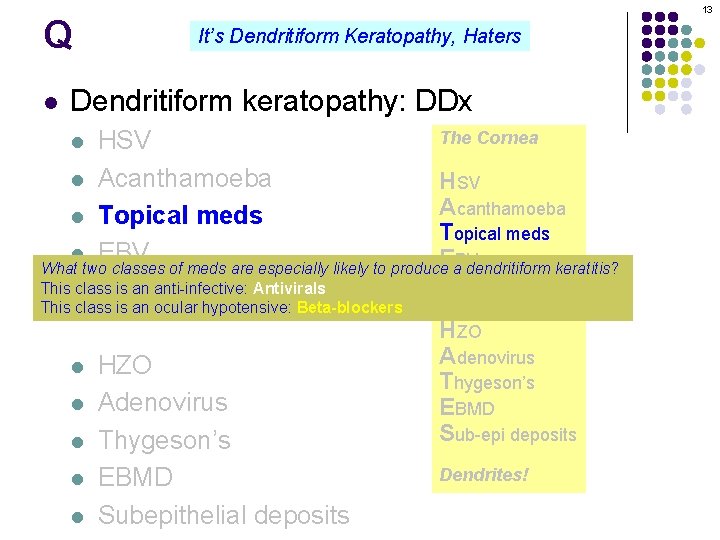 Q l 13 It’s Dendritiform Keratopathy, Haters Dendritiform keratopathy: DDx The Cornea HSV l