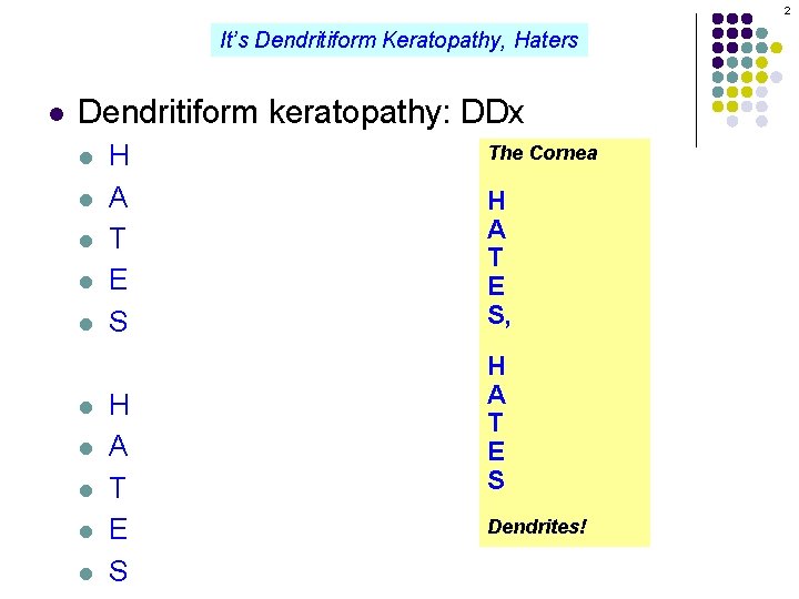 2 It’s Dendritiform Keratopathy, Haters l Dendritiform keratopathy: DDx l l l l l