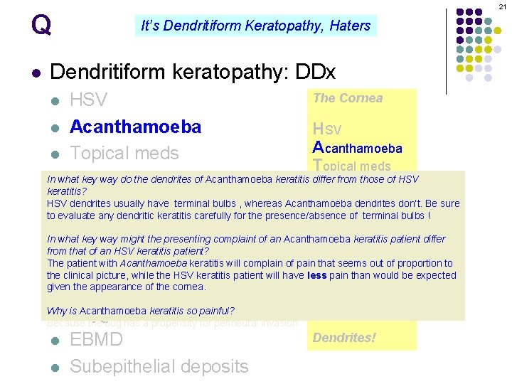 Q l 21 It’s Dendritiform Keratopathy, Haters Dendritiform keratopathy: DDx The Cornea HSV l