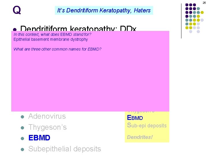 25 Q It’s Dendritiform Keratopathy, Haters Dendritiform keratopathy: DDx In this context, what does