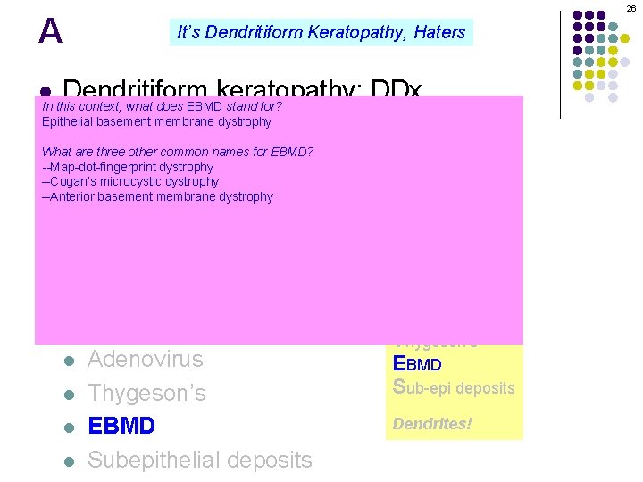 26 A It’s Dendritiform Keratopathy, Haters Dendritiform keratopathy: DDx In this context, what does