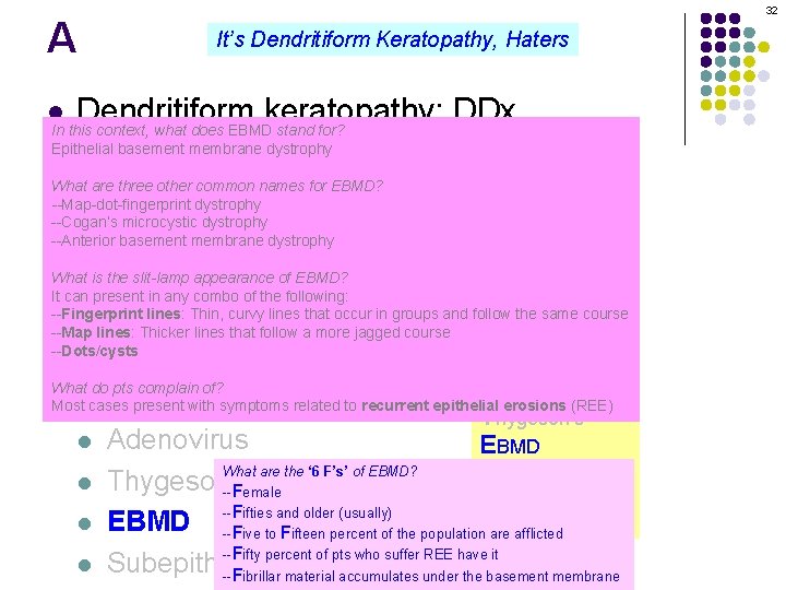 32 A It’s Dendritiform Keratopathy, Haters Dendritiform keratopathy: DDx In this context, what does