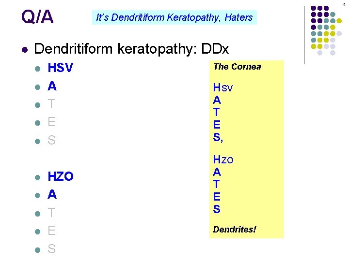 Q/A l 4 It’s Dendritiform Keratopathy, Haters Dendritiform keratopathy: DDx l l l l