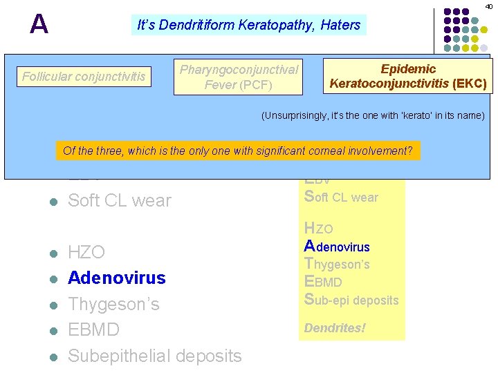 A 40 It’s Dendritiform Keratopathy, Haters Pharyngoconjunctival Dendritiform keratopathy: DDx l Follicular conjunctivitis Fever