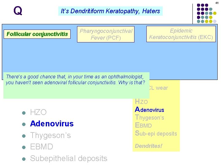 Q 41 It’s Dendritiform Keratopathy, Haters Pharyngoconjunctival Dendritiform keratopathy: DDx l Follicular conjunctivitis Fever