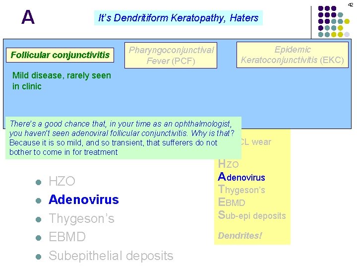 A 42 It’s Dendritiform Keratopathy, Haters Pharyngoconjunctival Dendritiform keratopathy: DDx l Follicular conjunctivitis l