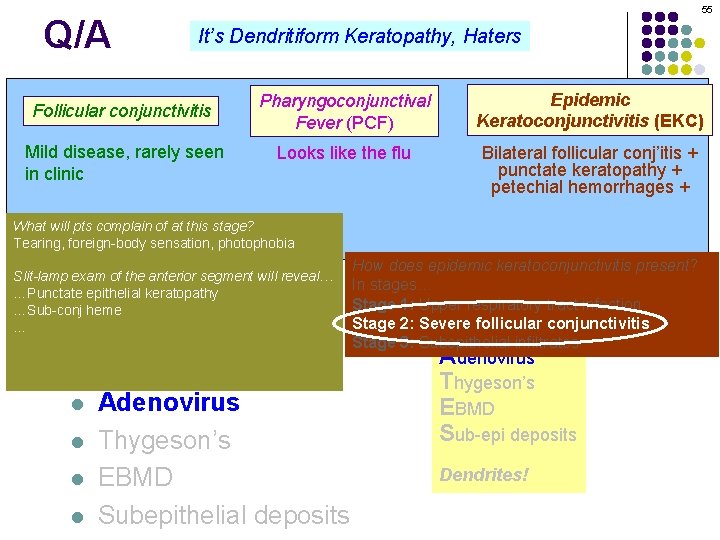 Q/A 55 It’s Dendritiform Keratopathy, Haters Pharyngoconjunctival Dendritiform keratopathy: DDx Epidemic Keratoconjunctivitis (EKC) Fever